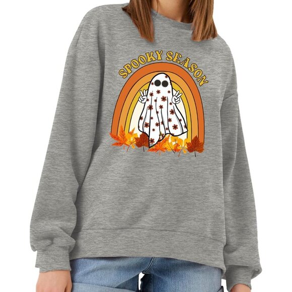 Halloween Ghost Sweater Women Cotton Blend Crewneck Long Sleeve Top - Picture 2 of 5